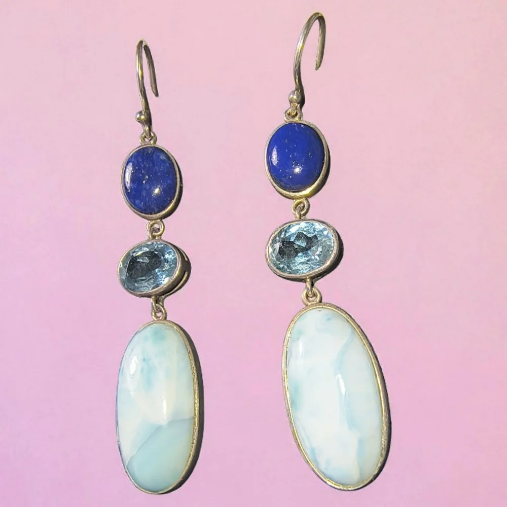 NK Silver Lapis, Blue Topaz And Larimar Dangle Earrings In Sterling Silver - Picture 1 of 8